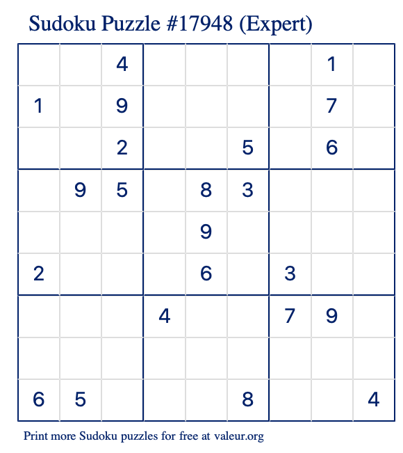 Free Printable Expert Sudoku Puzzle number 17948