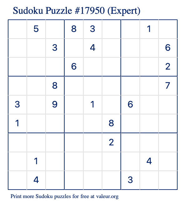 Free Printable Expert Sudoku Puzzle number 17950