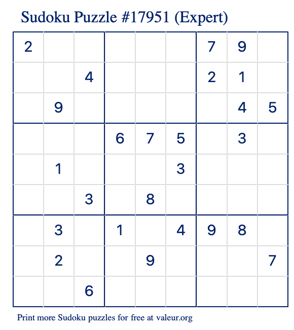 Free Printable Expert Sudoku Puzzle number 17951