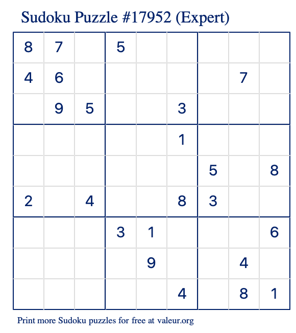 Free Printable Expert Sudoku Puzzle number 17952