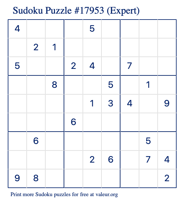 Free Printable Expert Sudoku Puzzle number 17953