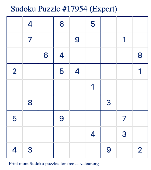 Free Printable Expert Sudoku Puzzle number 17954