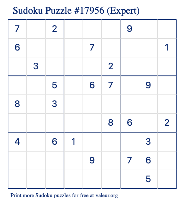 Free Printable Expert Sudoku Puzzle number 17956