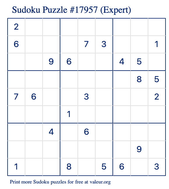 Free Printable Expert Sudoku Puzzle number 17957
