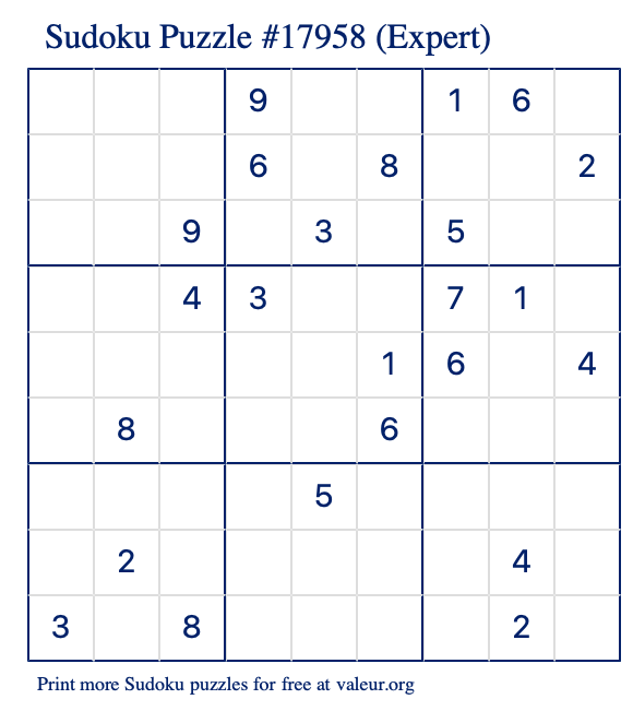Free Printable Expert Sudoku Puzzle number 17958