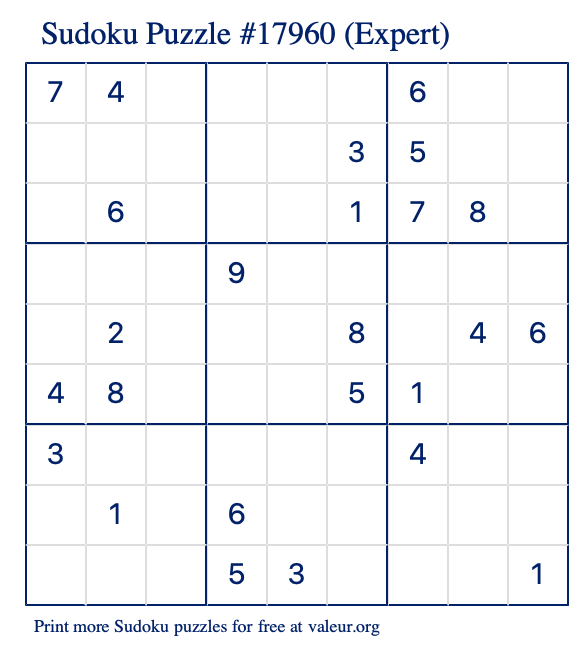 Free Printable Expert Sudoku Puzzle number 17960