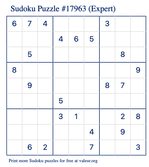 Free Printable Expert Sudoku Puzzle number 17963