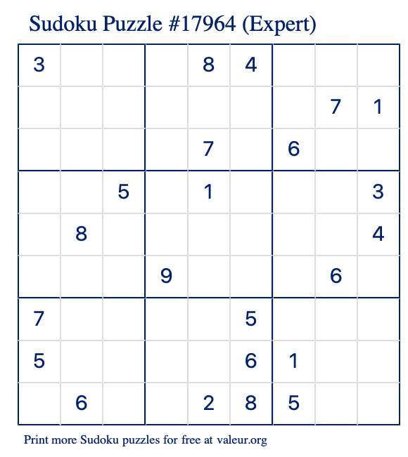 Free Printable Expert Sudoku Puzzle number 17964