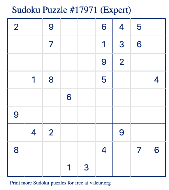 Free Printable Expert Sudoku Puzzle number 17971