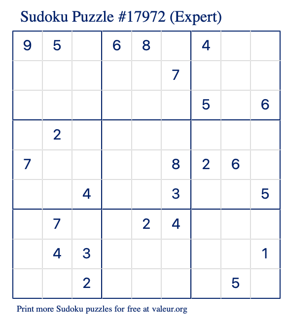 Free Printable Expert Sudoku Puzzle number 17972