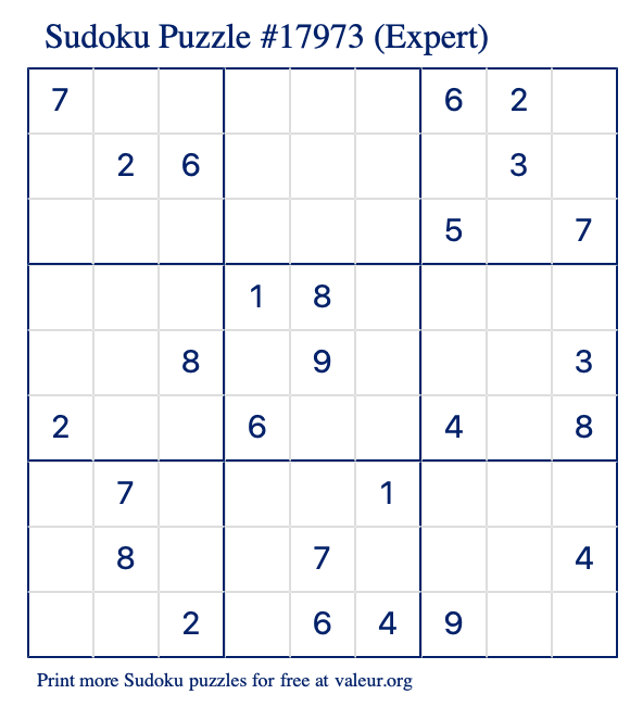 Free Printable Expert Sudoku Puzzle number 17973