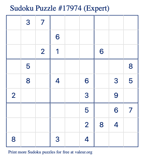 Free Printable Expert Sudoku Puzzle number 17974