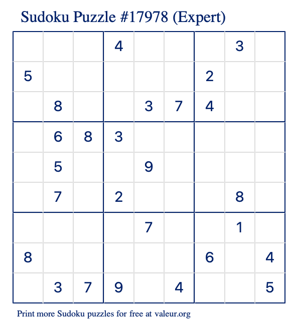 Free Printable Expert Sudoku Puzzle number 17978