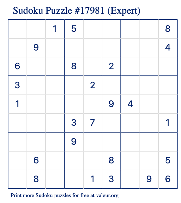 Free Printable Expert Sudoku Puzzle number 17981