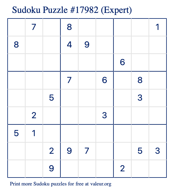 Free Printable Expert Sudoku Puzzle number 17982
