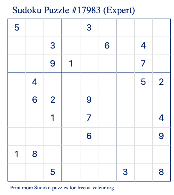 Free Printable Expert Sudoku Puzzle number 17983