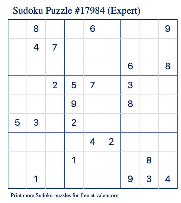 Free Printable Expert Sudoku Puzzle number 17984