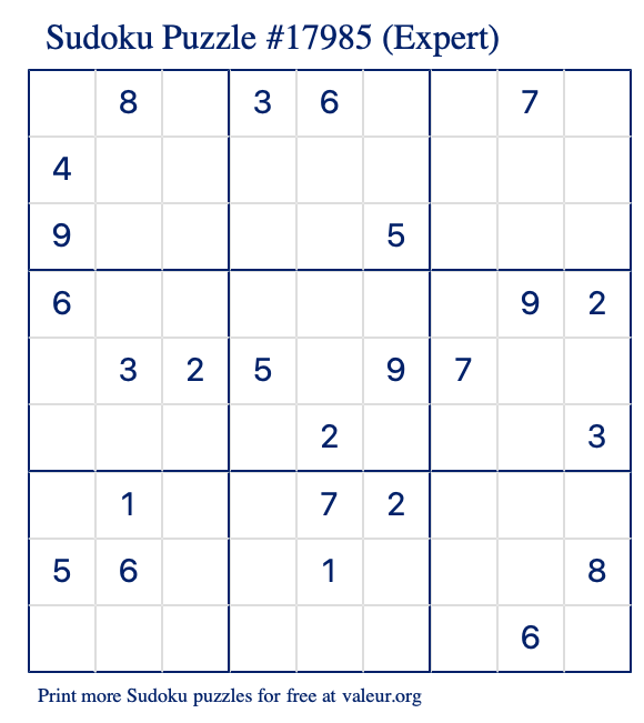Free Printable Expert Sudoku Puzzle number 17985