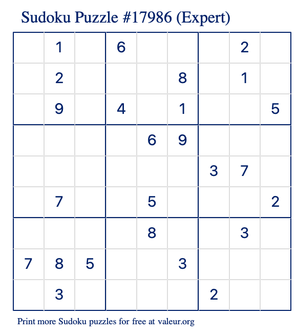 Free Printable Expert Sudoku Puzzle number 17986