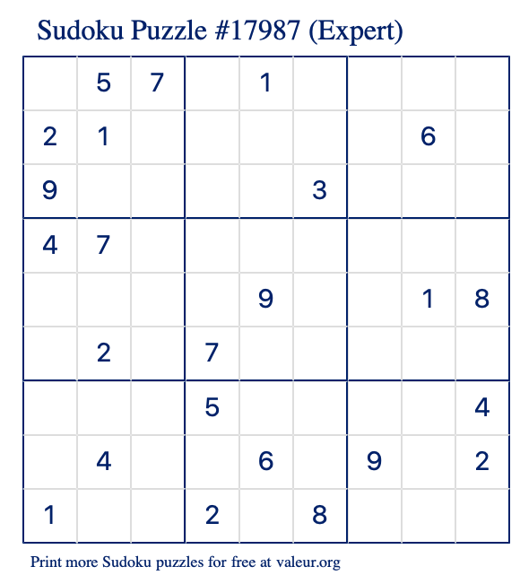 Free Printable Expert Sudoku Puzzle number 17987