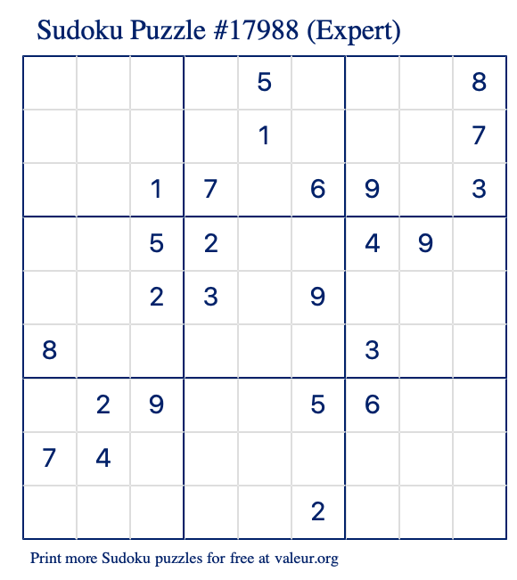 Free Printable Expert Sudoku Puzzle number 17988