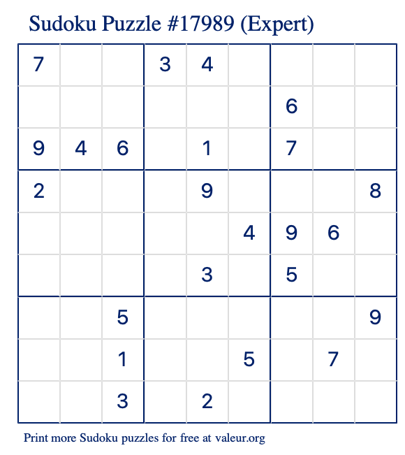 Free Printable Expert Sudoku Puzzle number 17989
