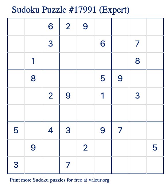 Free Printable Expert Sudoku Puzzle number 17991