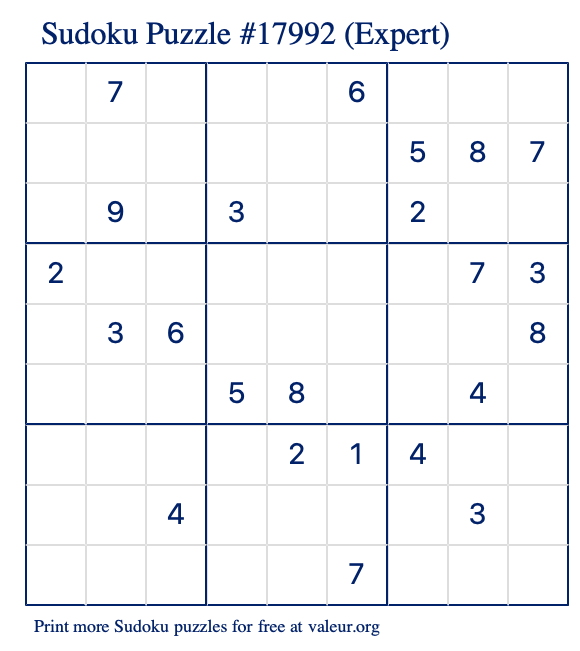 Free Printable Expert Sudoku Puzzle number 17992