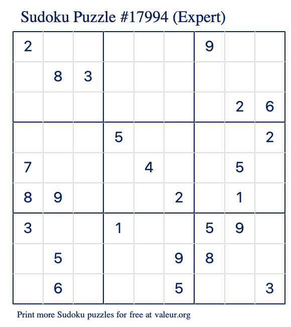 Free Printable Expert Sudoku Puzzle number 17994