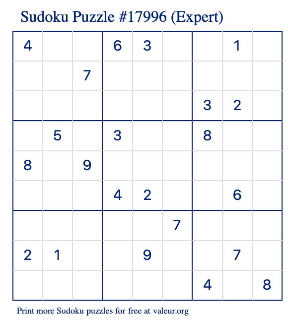 Free Printable Expert Sudoku Puzzle number 17996