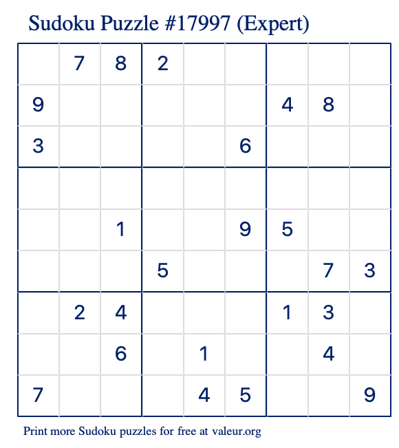 Free Printable Expert Sudoku Puzzle number 17997
