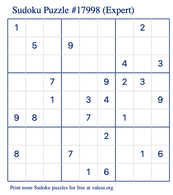 Free Printable Expert Sudoku Puzzle number 17998
