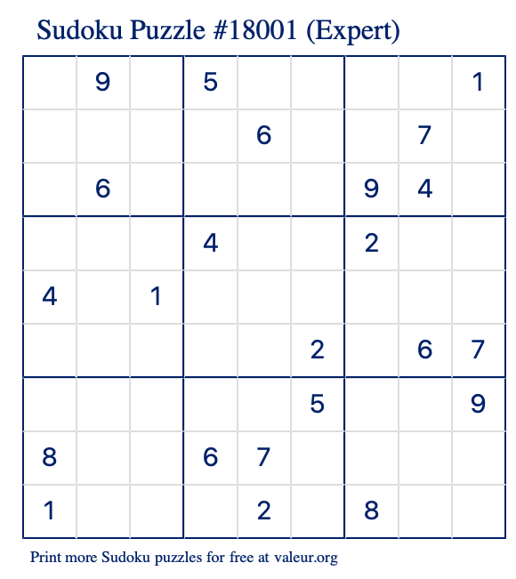 Free Printable Expert Sudoku Puzzle number 18001