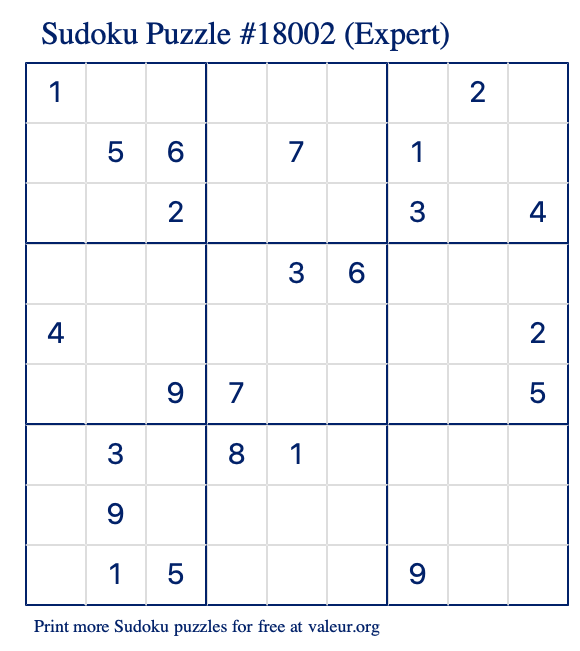 Free Printable Expert Sudoku Puzzle number 18002