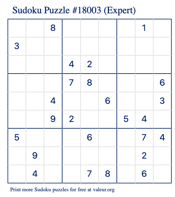 Free Printable Expert Sudoku Puzzle number 18003