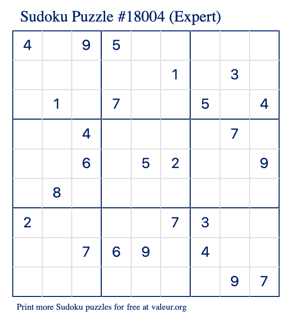 Free Printable Expert Sudoku Puzzle number 18004