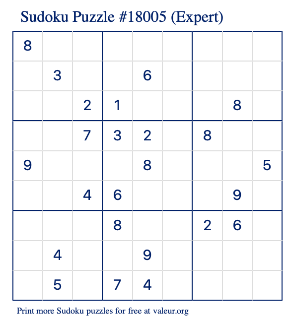 Free Printable Expert Sudoku Puzzle number 18005