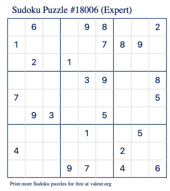 Free Printable Expert Sudoku Puzzle number 18006