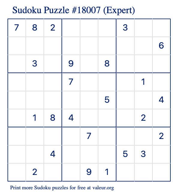 Free Printable Expert Sudoku Puzzle number 18007