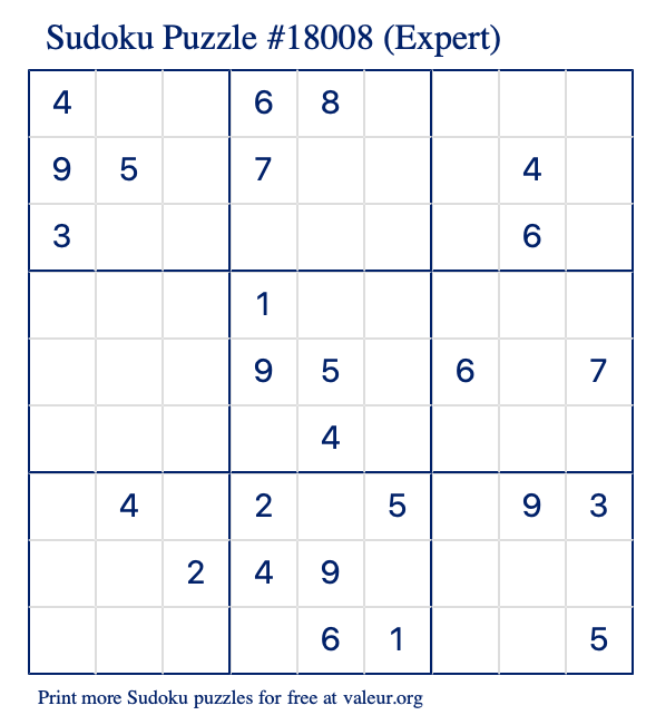 Free Printable Expert Sudoku Puzzle number 18008