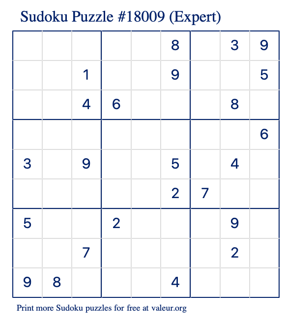 Free Printable Expert Sudoku Puzzle number 18009