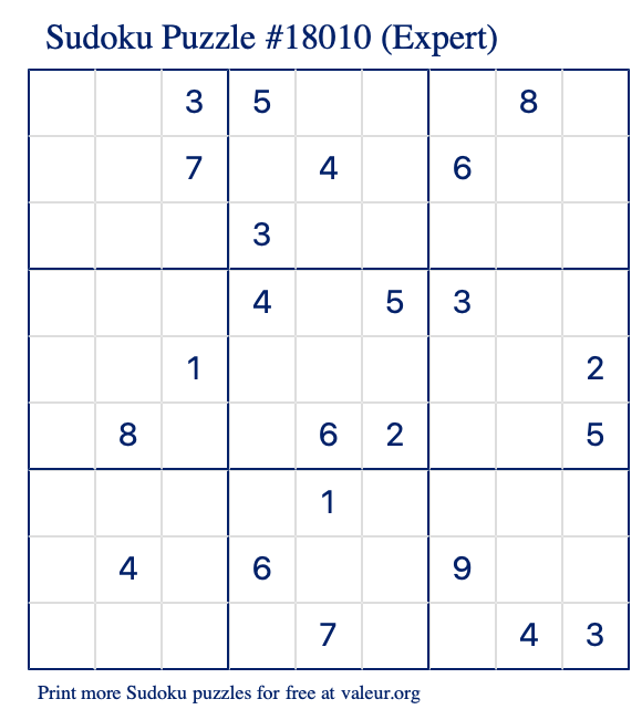 Free Printable Expert Sudoku Puzzle number 18010