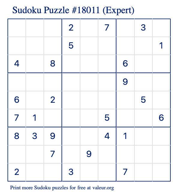 Free Printable Expert Sudoku Puzzle number 18011