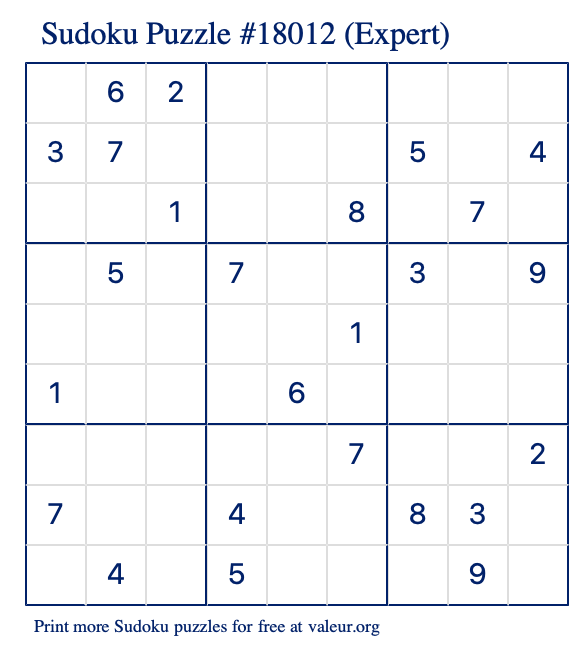 Free Printable Expert Sudoku Puzzle number 18012