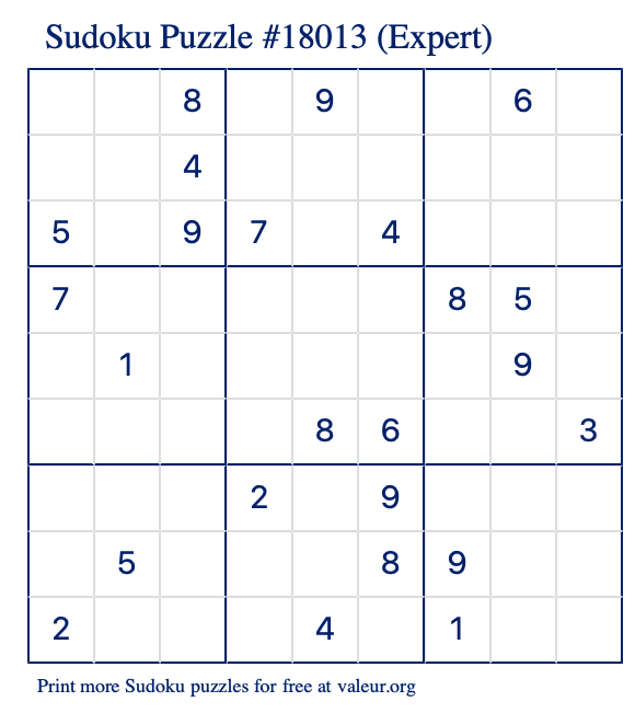 Free Printable Expert Sudoku Puzzle number 18013