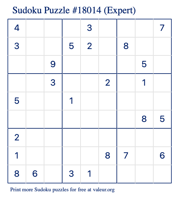 Free Printable Expert Sudoku Puzzle number 18014