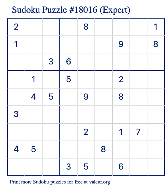 Free Printable Expert Sudoku Puzzle number 18016