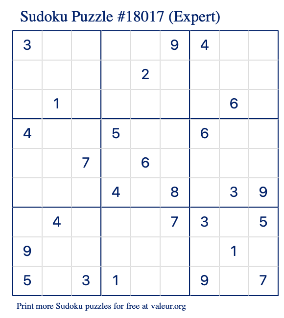 Free Printable Expert Sudoku Puzzle number 18017