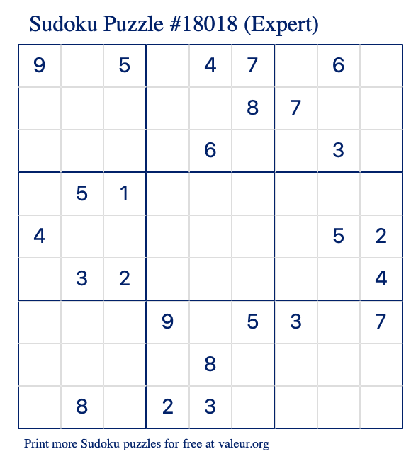 Free Printable Expert Sudoku Puzzle number 18018