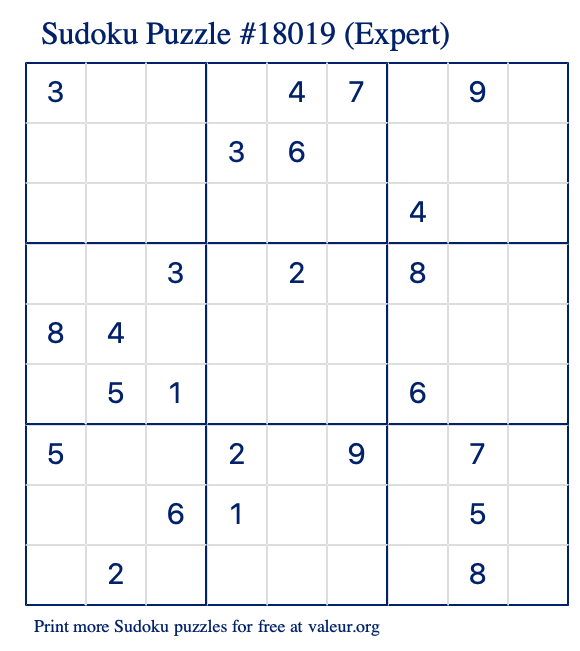 Free Printable Expert Sudoku Puzzle number 18019